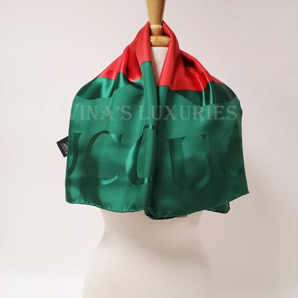 GUCCI SCARF GREEN RED WEB GG LOGO PRINT JACQUARD SILK TWILL FOULARD 35" - Picture 8 of 15